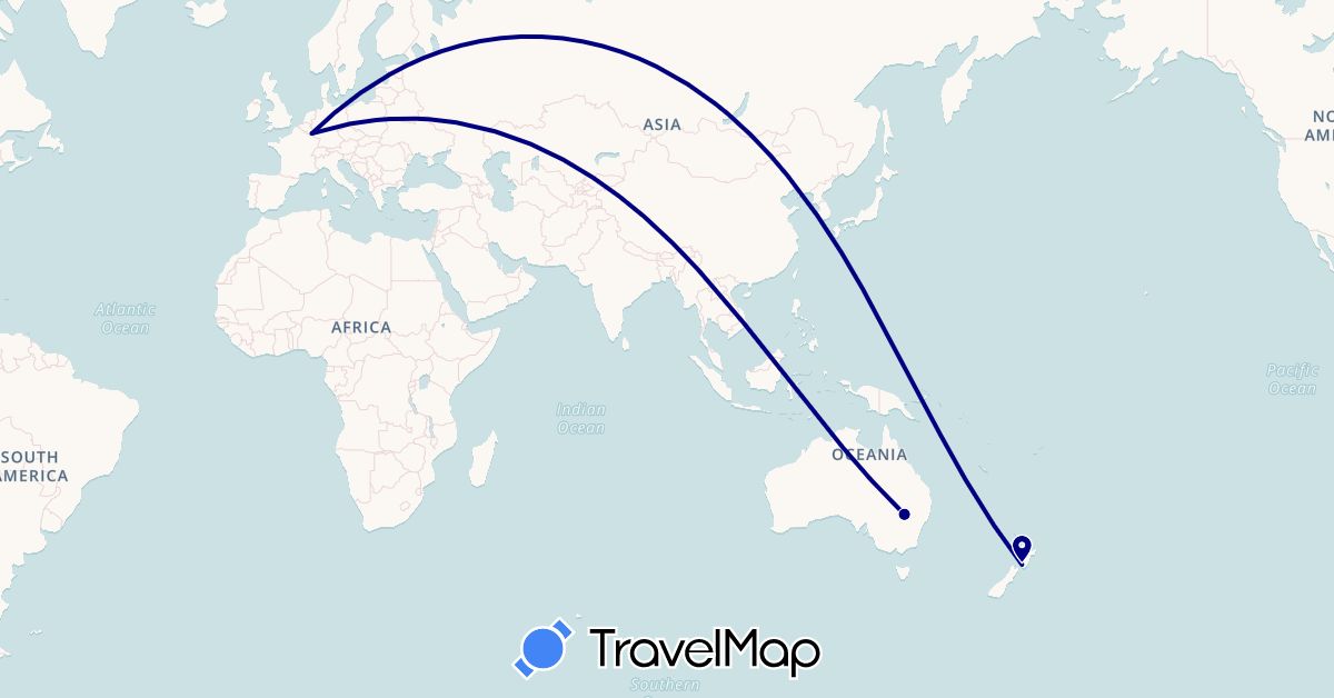 TravelMap itinerary: driving in Australia, Luxembourg, New Zealand (Europe, Oceania)